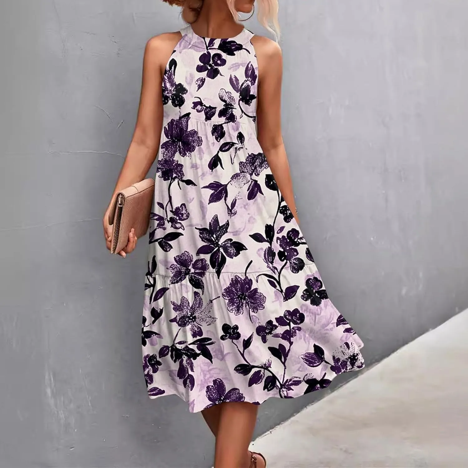 Dresses for Women 2025 Sleeveless Floral Print Tank Dresses Hanging Neck Splicing Beach Dress Swing Sundresses