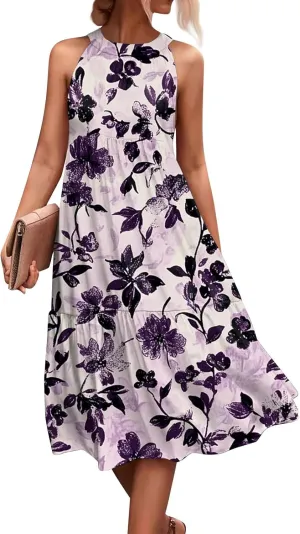Dresses for Women 2025 Sleeveless Floral Print Tank Dresses Hanging Neck Splicing Beach Dress Swing Sundresses