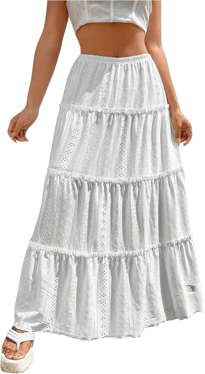 Floerns Women's A Line Ruffle Layered Flowy Beach Casual Long Maxi Skirt