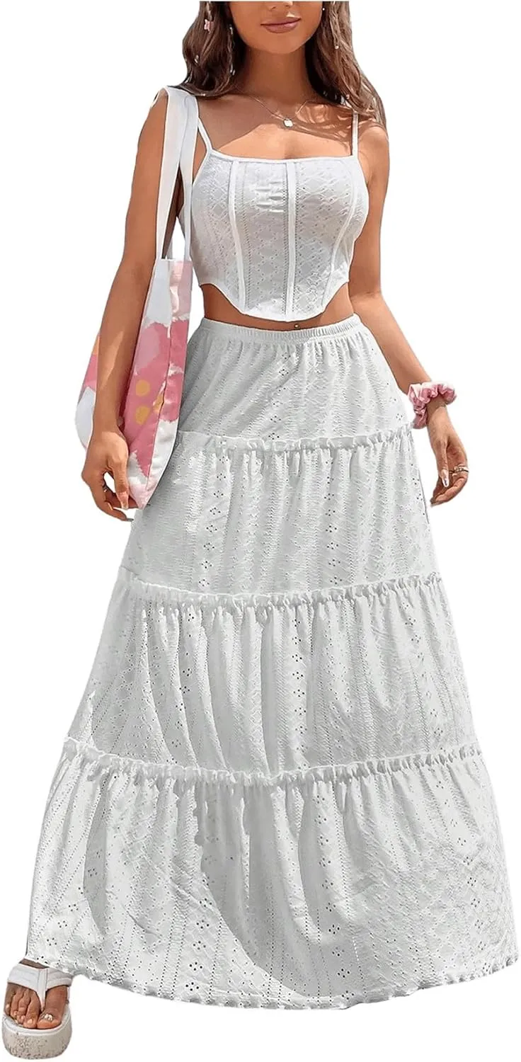 Floerns Women's A Line Ruffle Layered Flowy Beach Casual Long Maxi Skirt