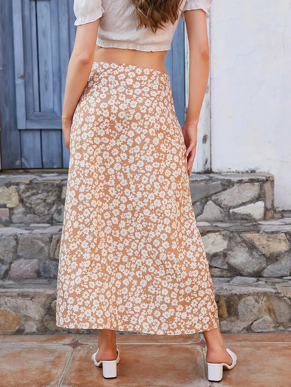 Floerns Women's Boho Floral High Waist Split A Line Midi Skirt