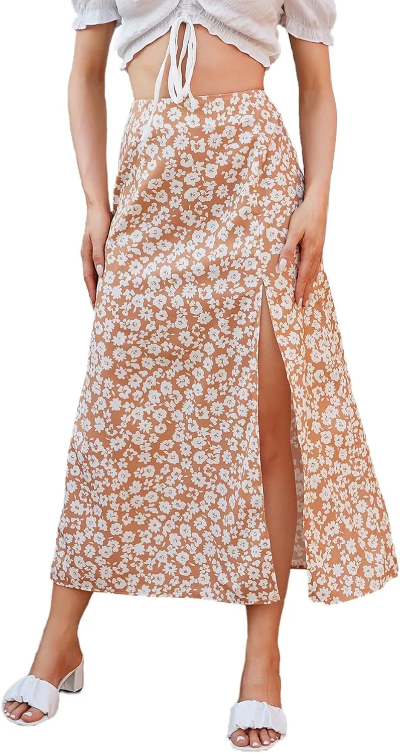 Floerns Women's Boho Floral High Waist Split A Line Midi Skirt