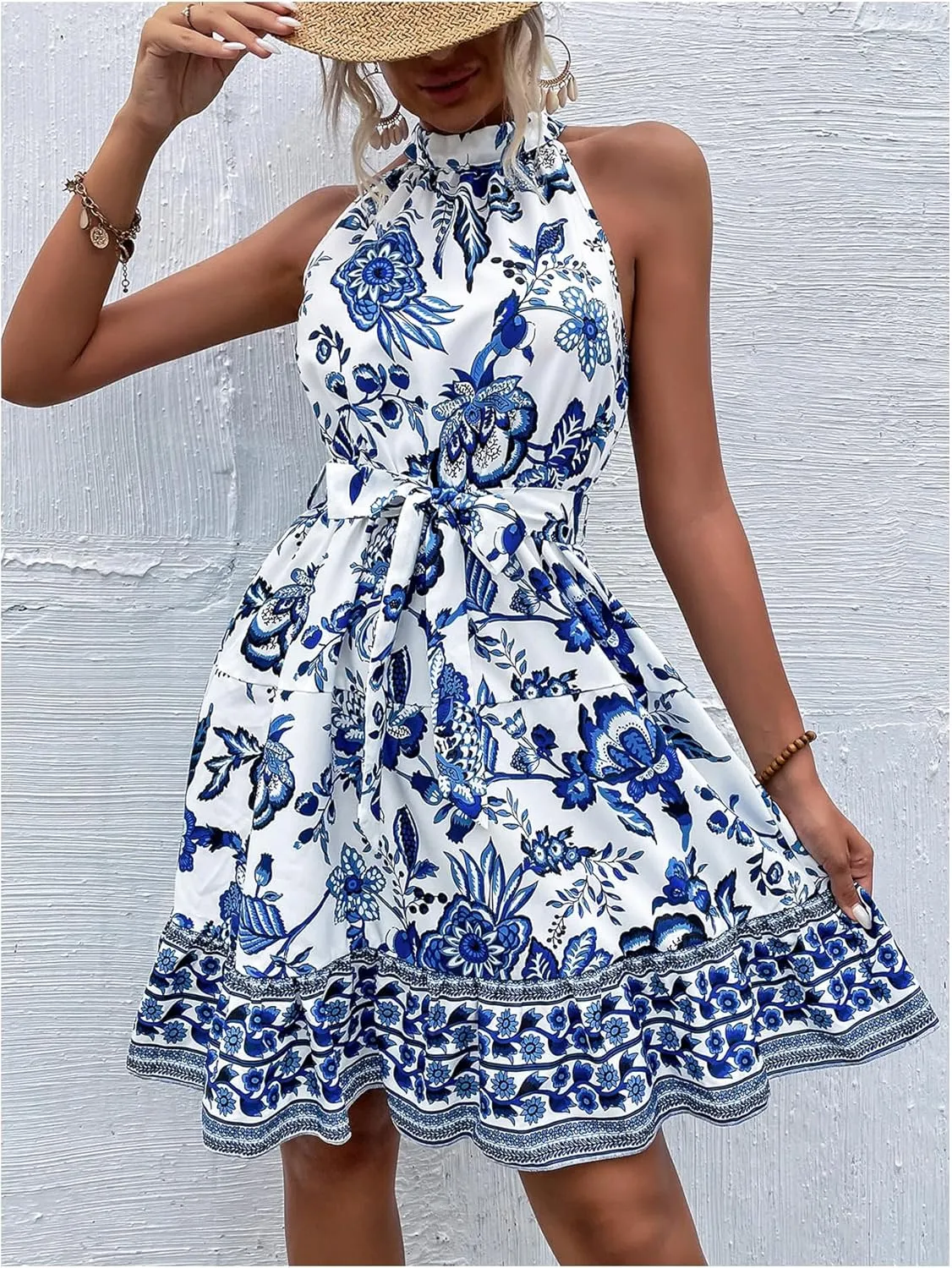Floerns Women's Floral Sleeveless Halter Dress Flounce Hem Belted A Line Dresses