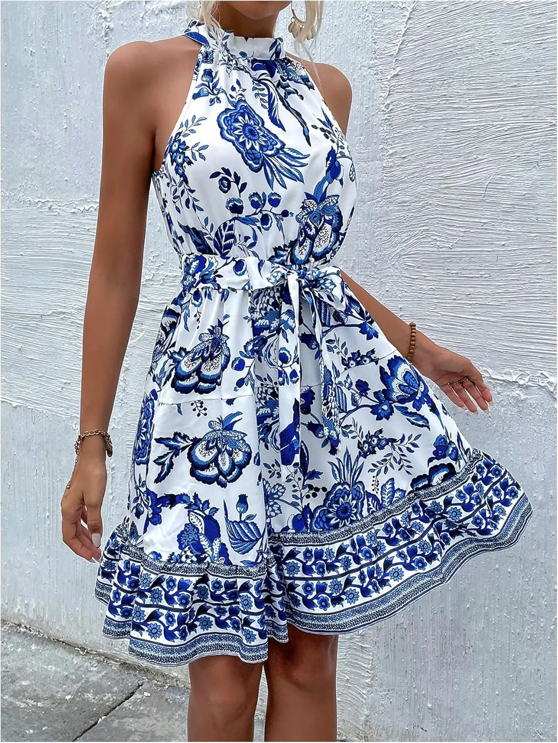 Floerns Women's Floral Sleeveless Halter Dress Flounce Hem Belted A Line Dresses