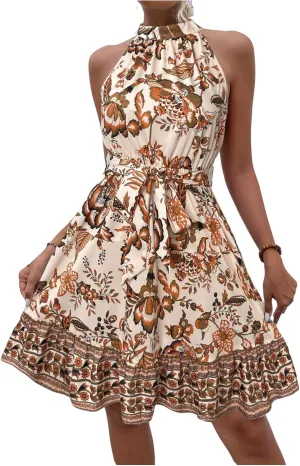 Floerns Women's Floral Sleeveless Halter Dress Flounce Hem Belted A Line Dresses