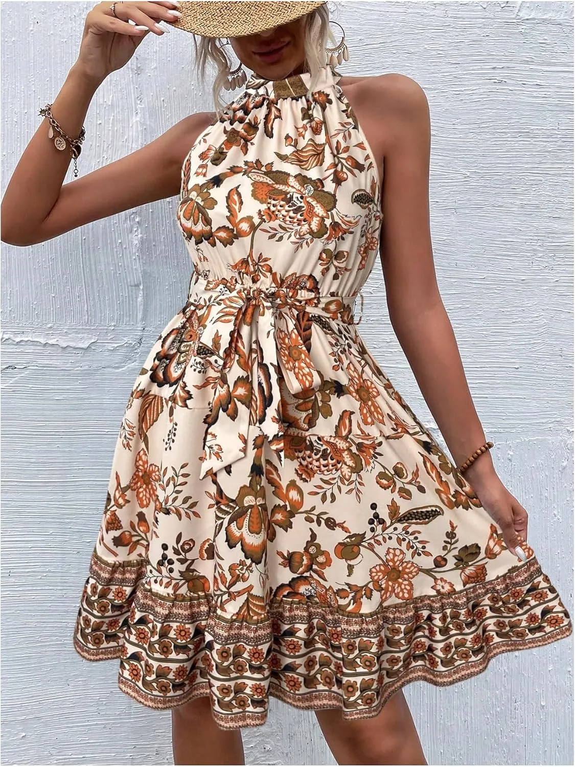 Floerns Women's Floral Sleeveless Halter Dress Flounce Hem Belted A Line Dresses