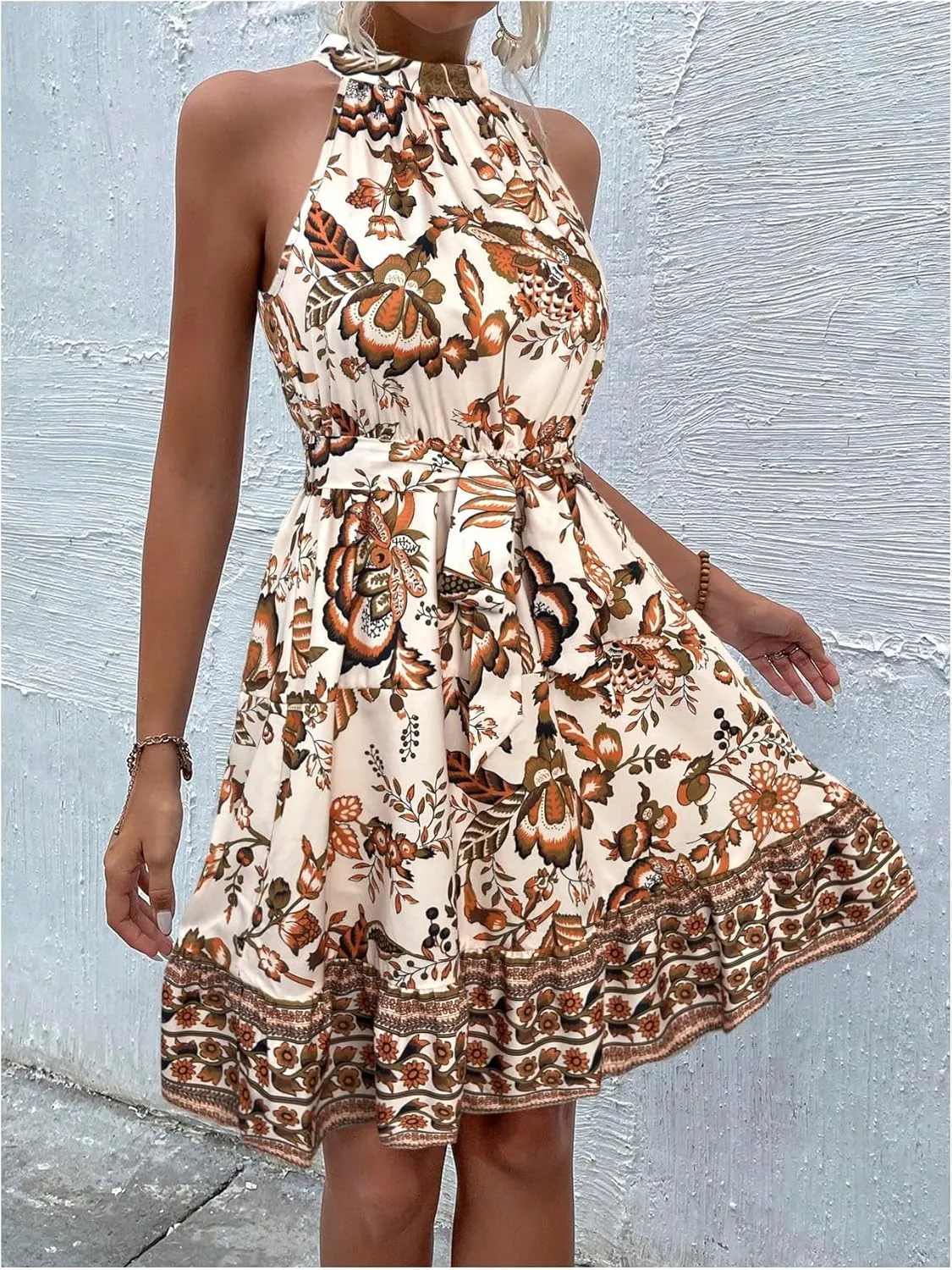 Floerns Women's Floral Sleeveless Halter Dress Flounce Hem Belted A Line Dresses