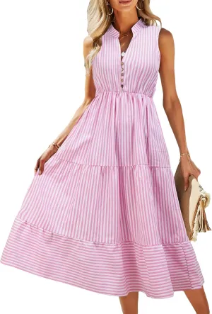 Floerns Women's Striped Print Notched Neck Sleeveless Ruffle A Line Midi Dress