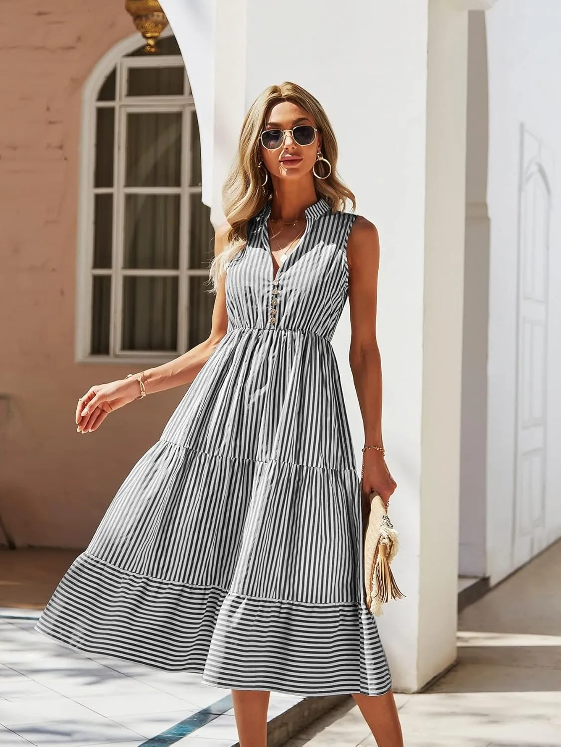 Floerns Women's Striped Print Notched Neck Sleeveless Ruffle A Line Midi Dress