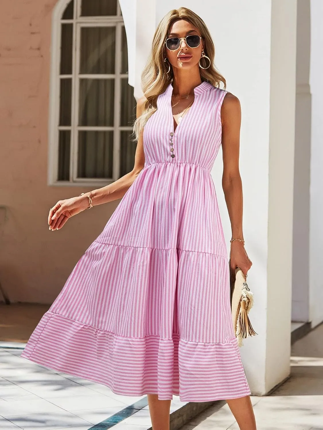 Floerns Women's Striped Print Notched Neck Sleeveless Ruffle A Line Midi Dress