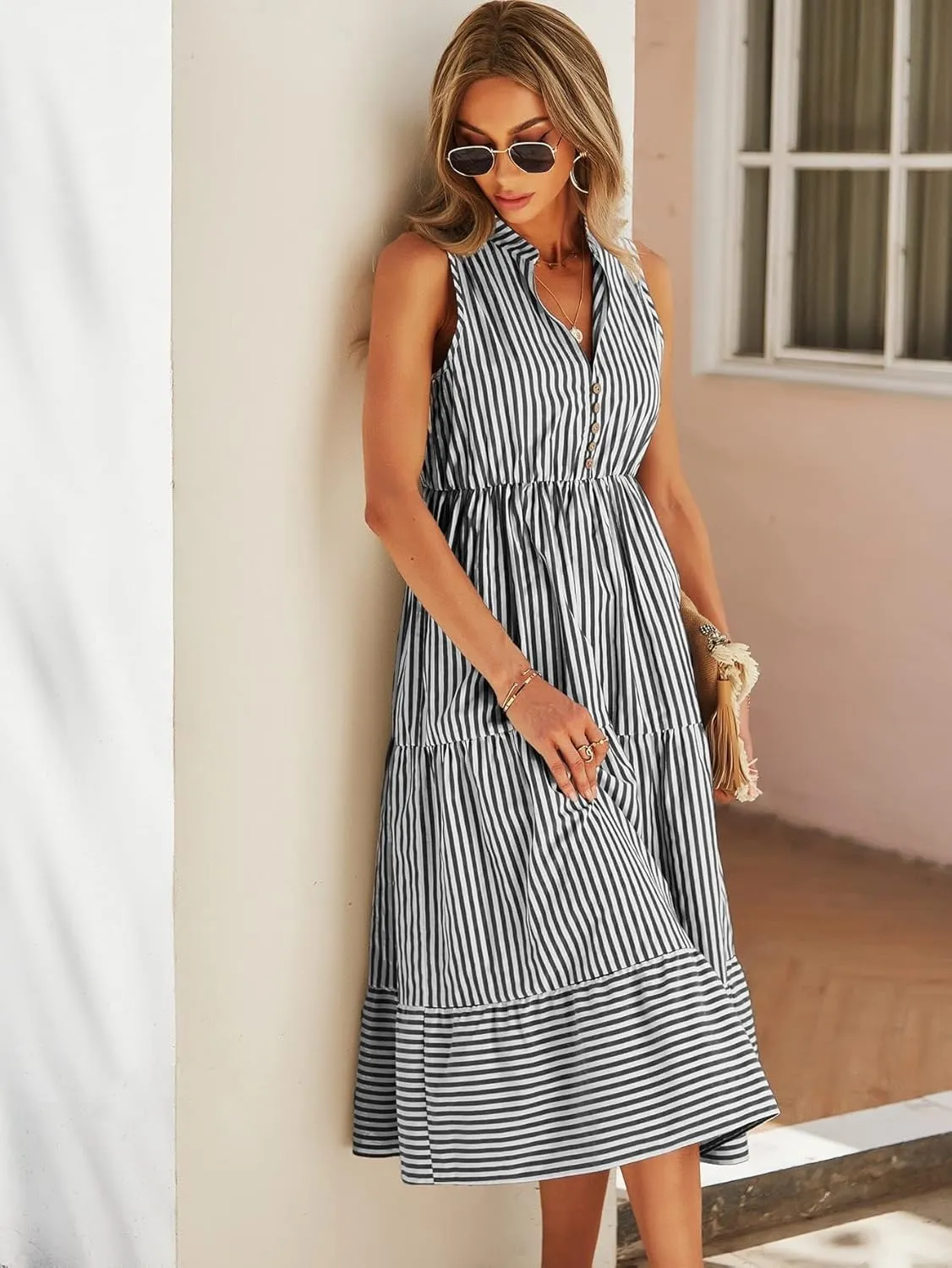 Floerns Women's Striped Print Notched Neck Sleeveless Ruffle A Line Midi Dress