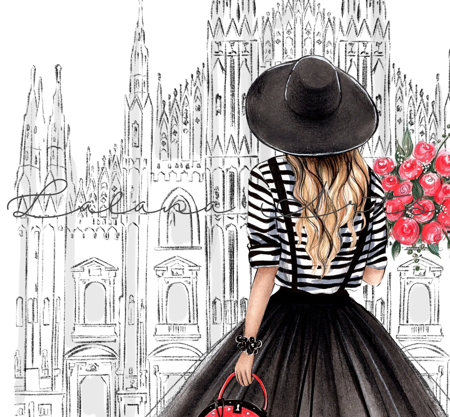 Girl in Milan with flowers art print fashion illustration