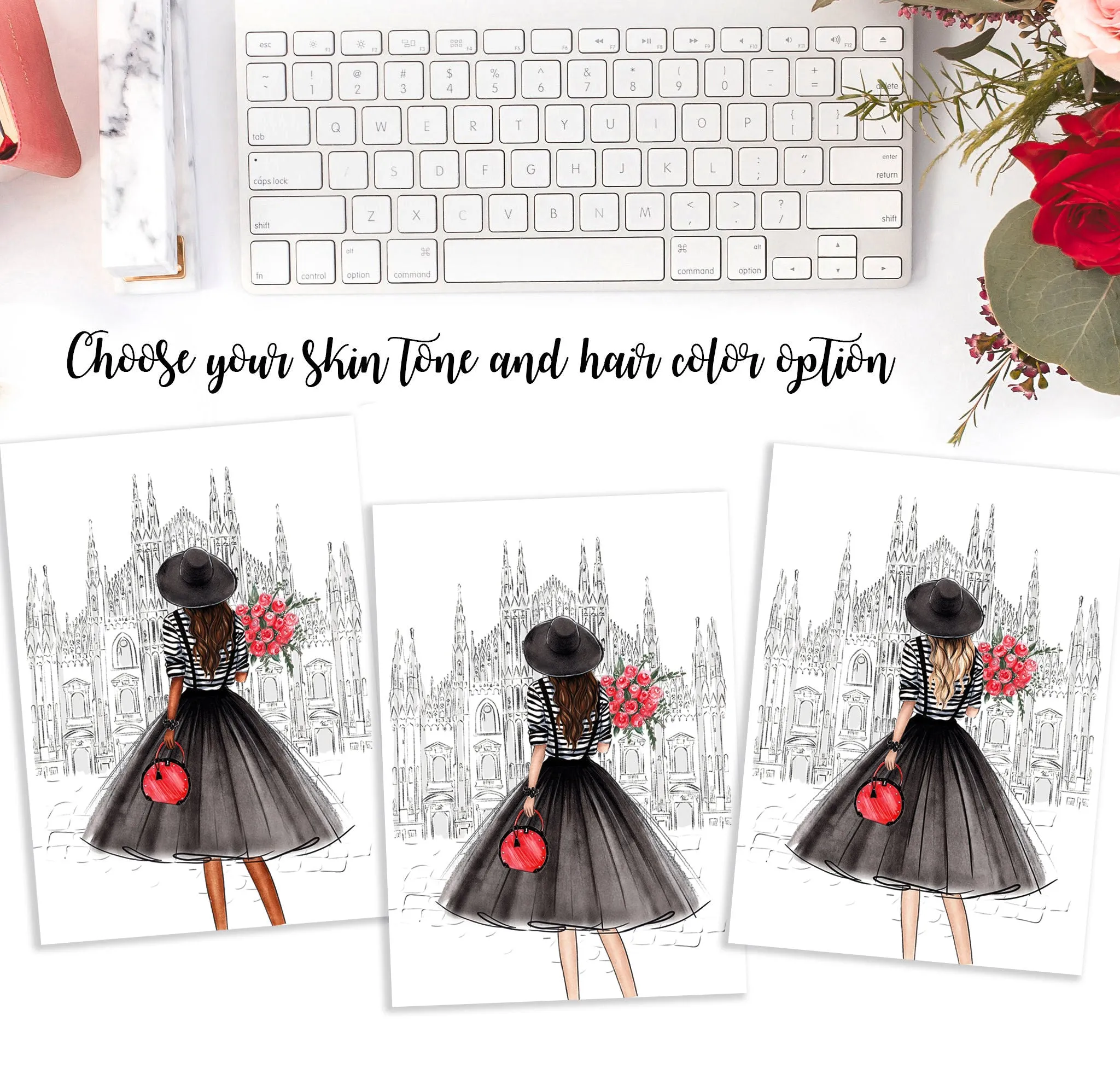 Girl in Milan with flowers art print fashion illustration