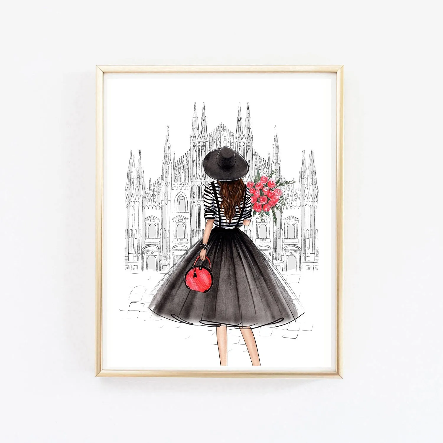 Girl in Milan with flowers art print fashion illustration