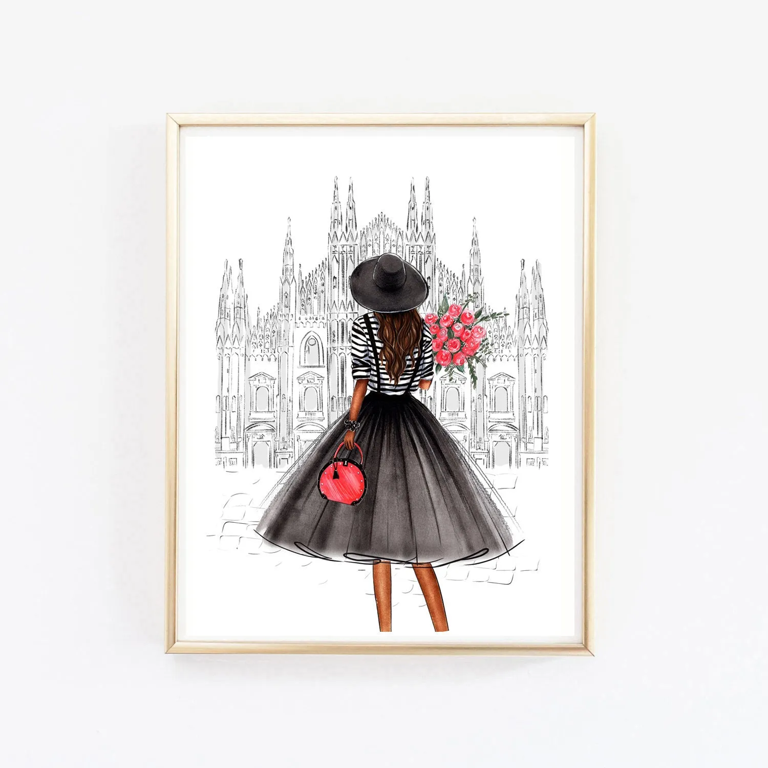 Girl in Milan with flowers art print fashion illustration