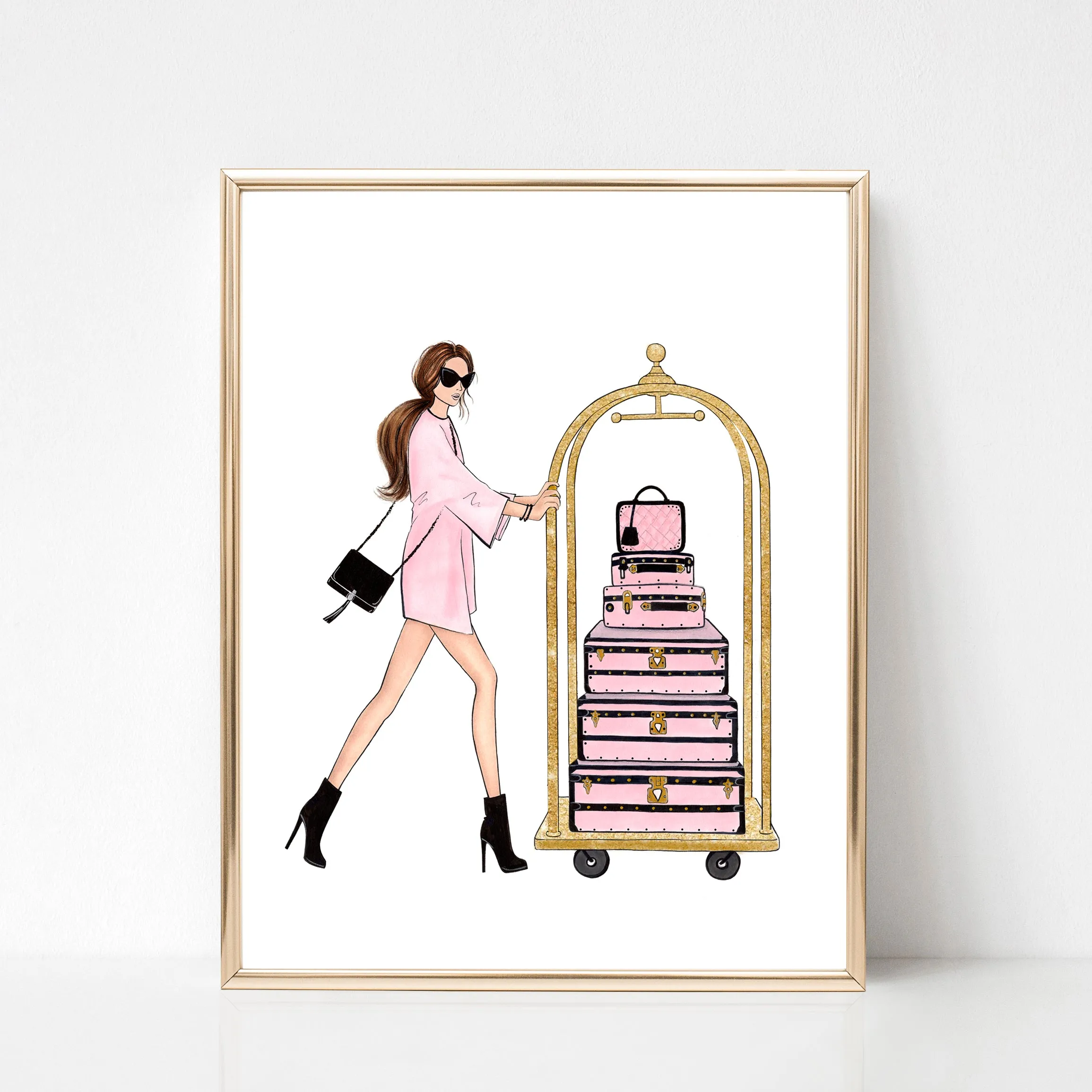 Girl with suitcases fashion illustration art print on paper