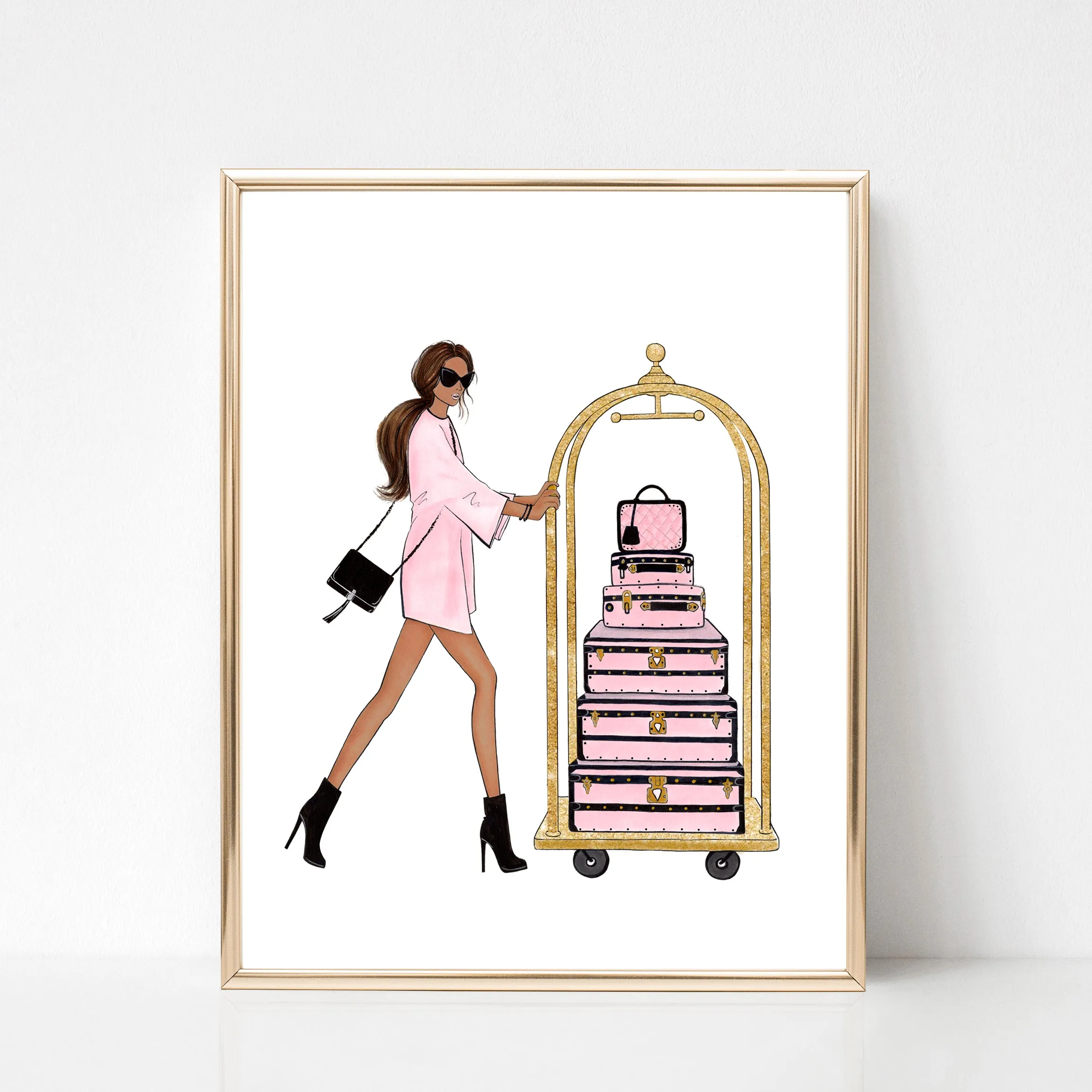 Girl with suitcases fashion illustration art print on paper