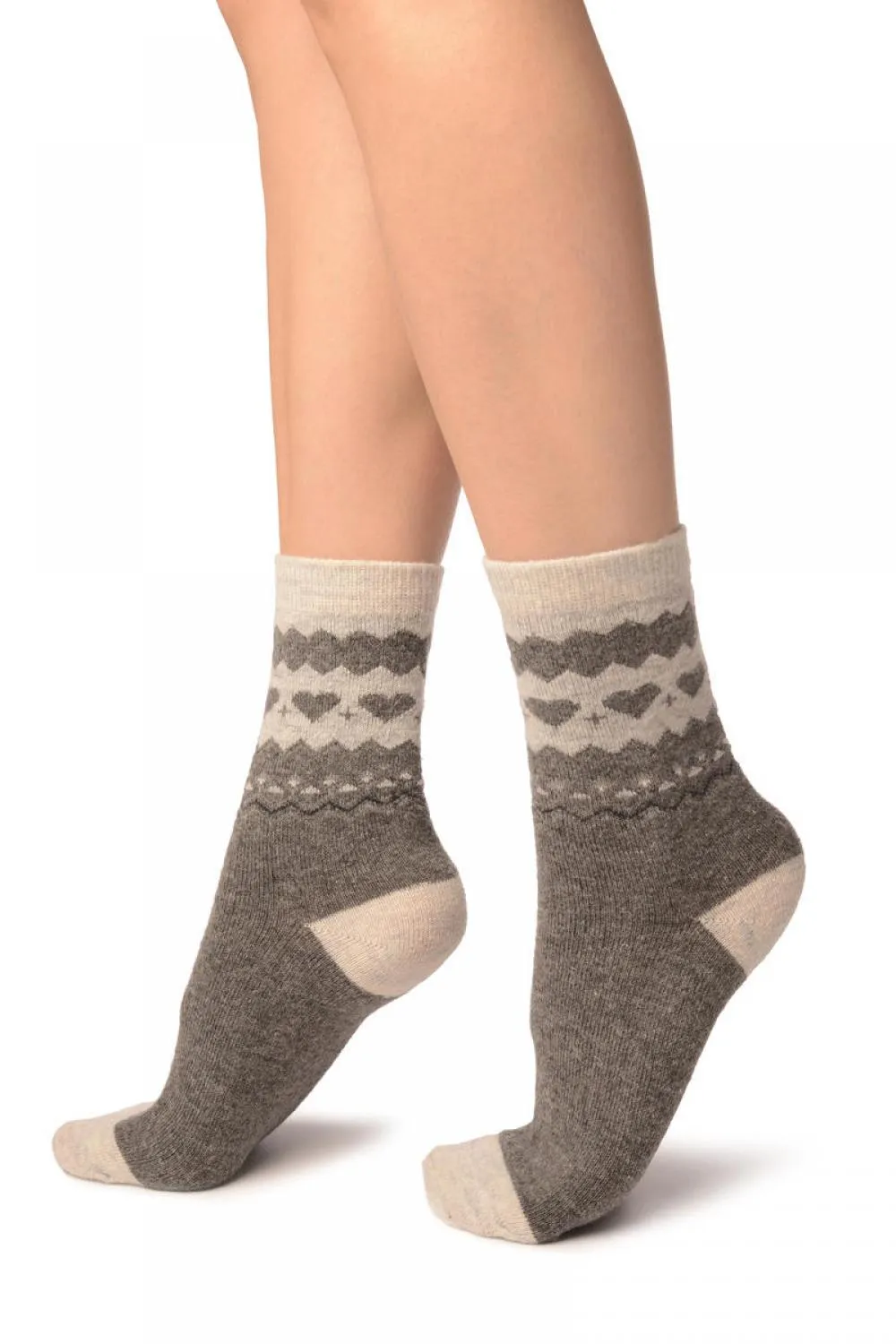 Grey With Hearts & Light Grey Angora Ankle High Socks