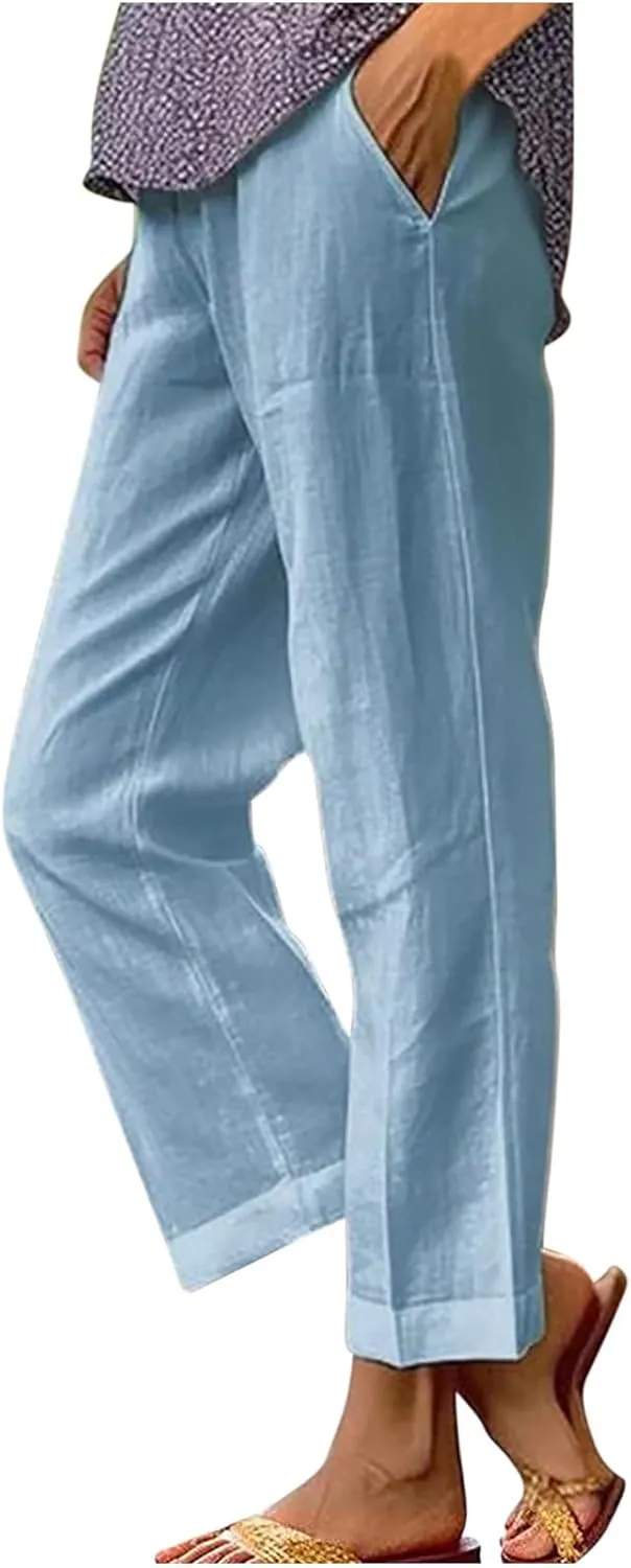 High Waisted Pants for Women Solid Elastic Waist Cotton Linen Trousers Versatile Straight Tube Wide Leg Pants