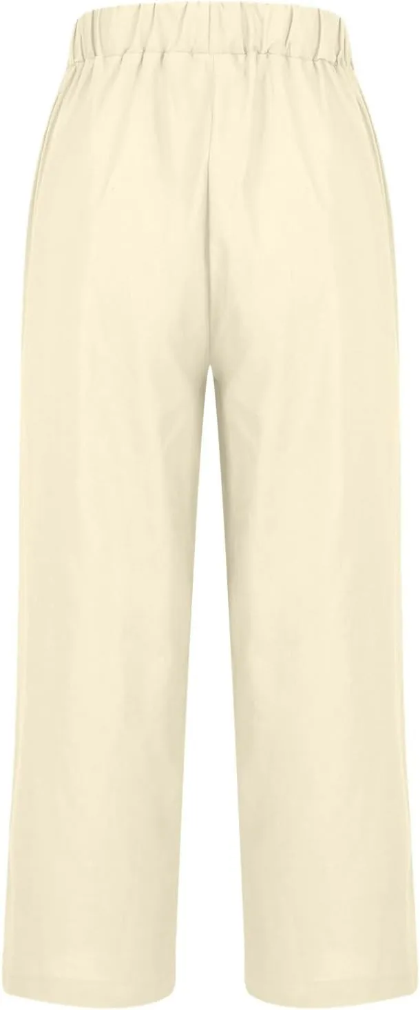 High Waisted Pants for Women Solid Elastic Waist Cotton Linen Trousers Versatile Straight Tube Wide Leg Pants
