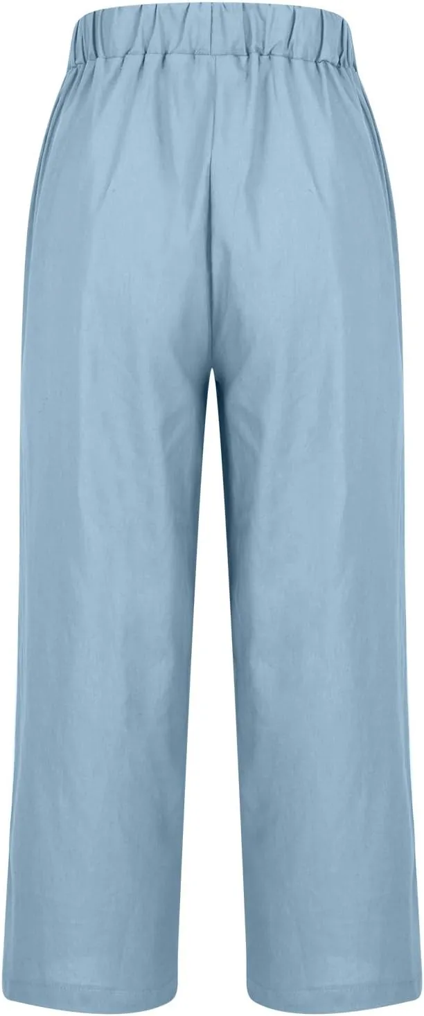 High Waisted Pants for Women Solid Elastic Waist Cotton Linen Trousers Versatile Straight Tube Wide Leg Pants