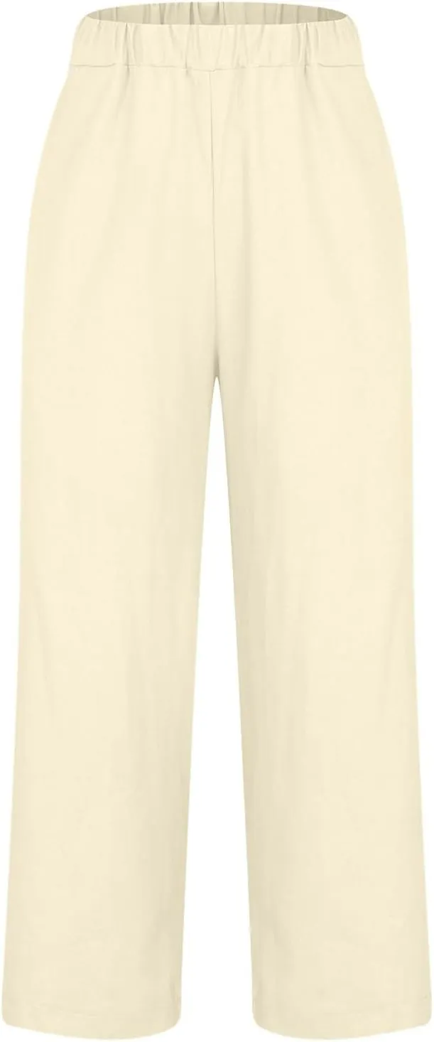 High Waisted Pants for Women Solid Elastic Waist Cotton Linen Trousers Versatile Straight Tube Wide Leg Pants