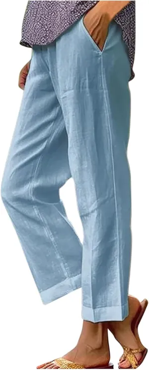 High Waisted Pants for Women Solid Elastic Waist Cotton Linen Trousers Versatile Straight Tube Wide Leg Pants