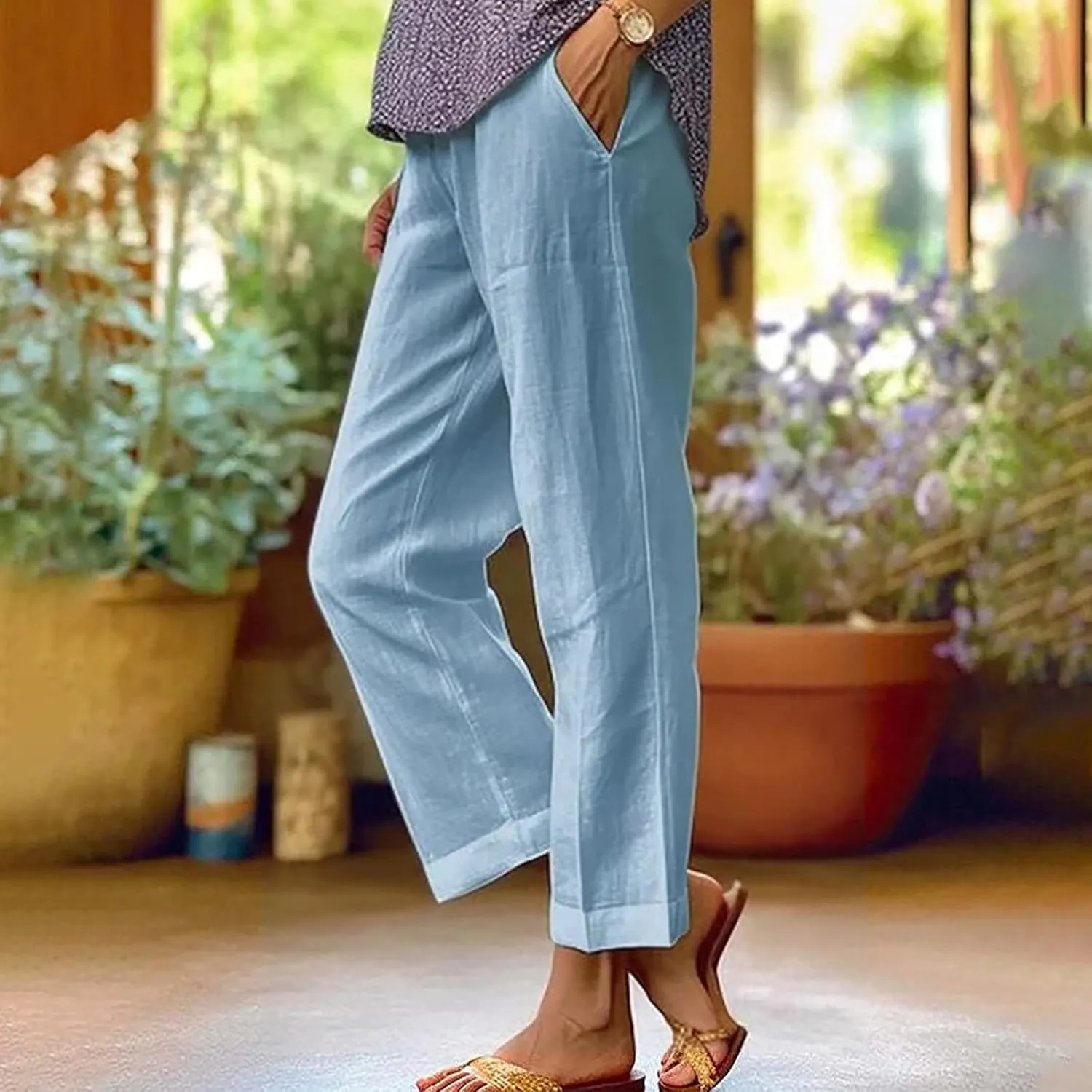 High Waisted Pants for Women Solid Elastic Waist Cotton Linen Trousers Versatile Straight Tube Wide Leg Pants