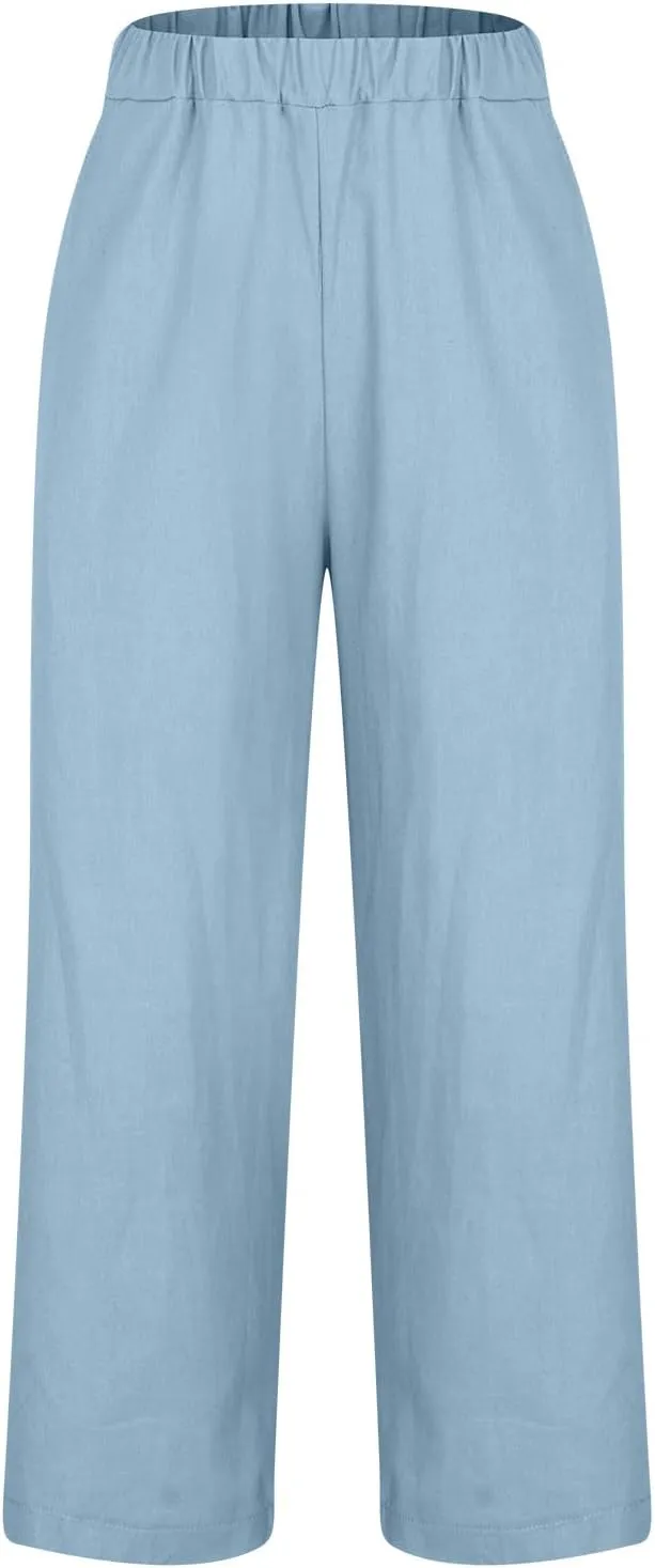 High Waisted Pants for Women Solid Elastic Waist Cotton Linen Trousers Versatile Straight Tube Wide Leg Pants