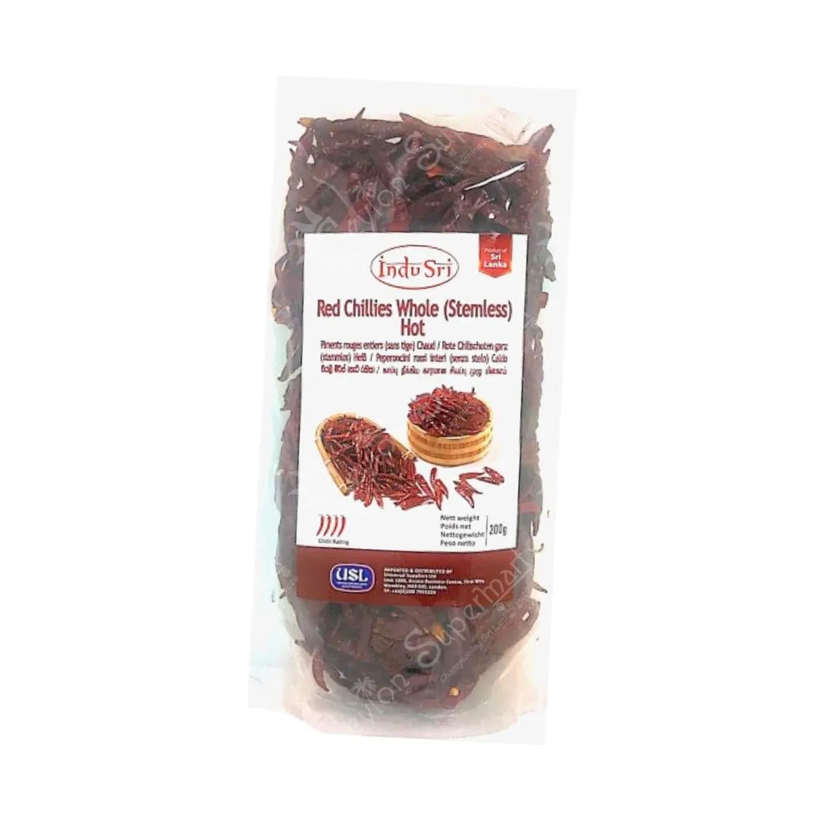 Indu Sri Red Chillies Whole | Stemless | Hot, 200g