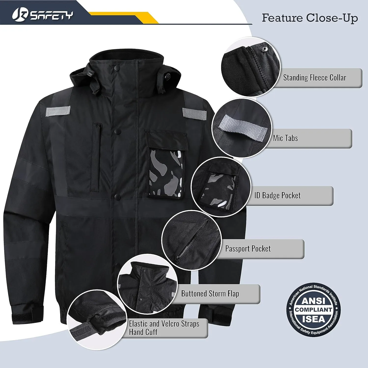 JKSafety Hi-Vis Winter Safety Bomber Jacket for Men and Women | Durable and Waterproof Construction Work Jacket | ANSI Compliant (115-Black XL)