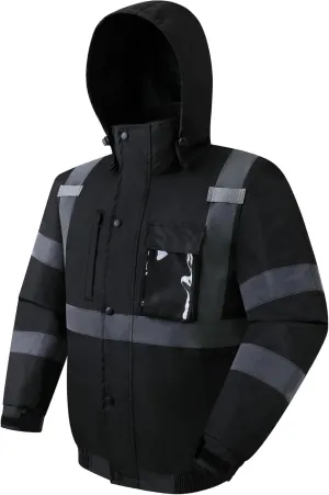 JKSafety Hi-Vis Winter Safety Bomber Jacket for Men and Women | Durable and Waterproof Construction Work Jacket | ANSI Compliant (115-Black XL)