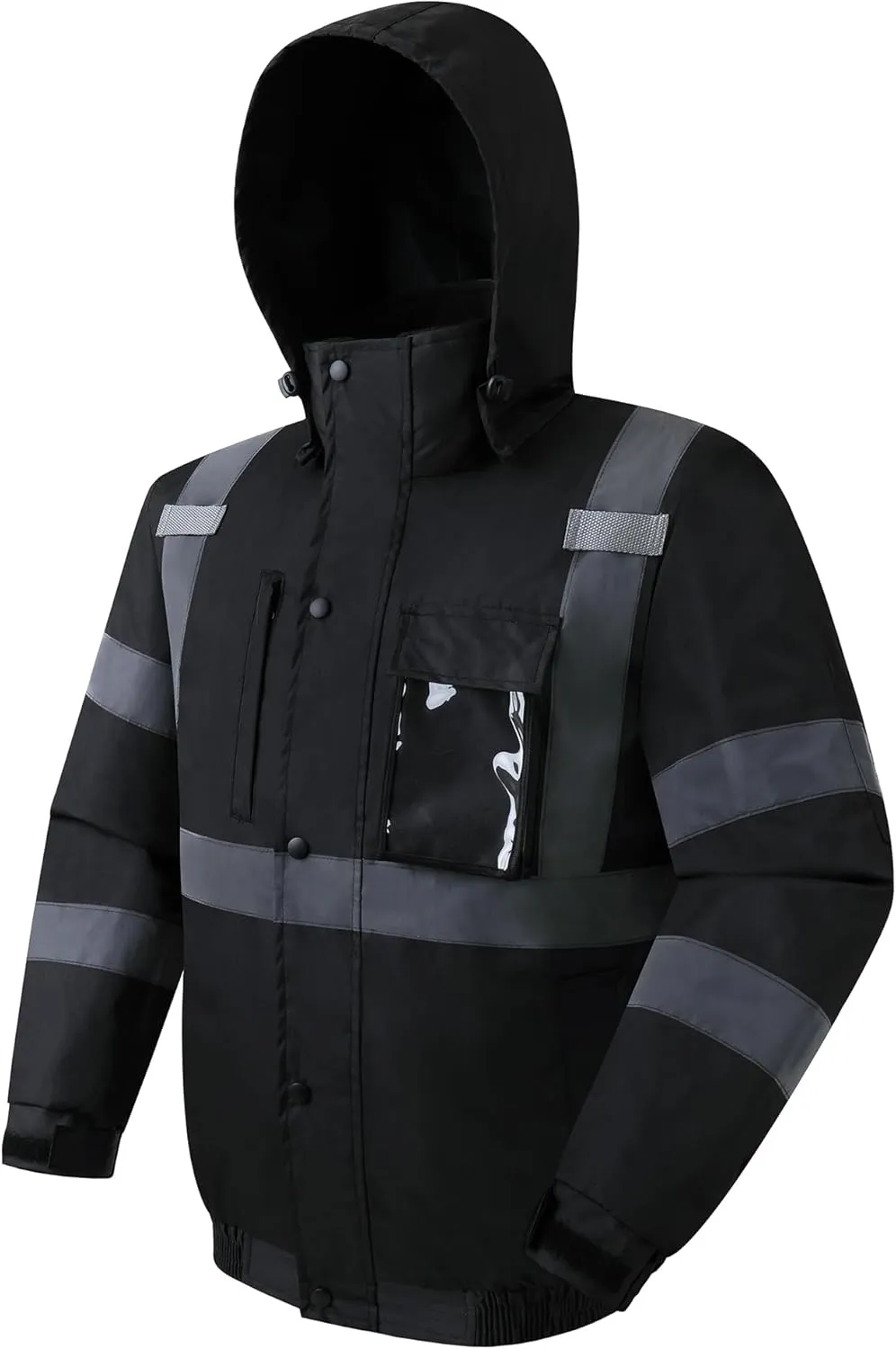JKSafety Hi-Vis Winter Safety Bomber Jacket for Men and Women | Durable and Waterproof Construction Work Jacket | ANSI Compliant (115-Black XL)