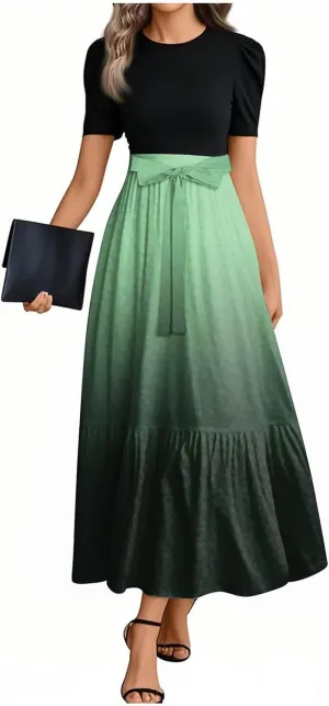 Kenvina Summer Dresses for Women Floral Print Flowy Dress Patchwork Empire Waist Short Sleeve Dress Tie Belted Maxi Dress