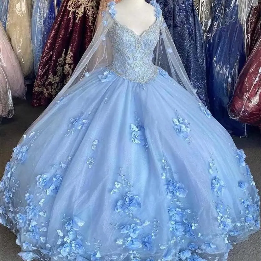 Lavender Flowers Tulle Sweetheart Ball Gown Quinceanera Dresses With Cape
