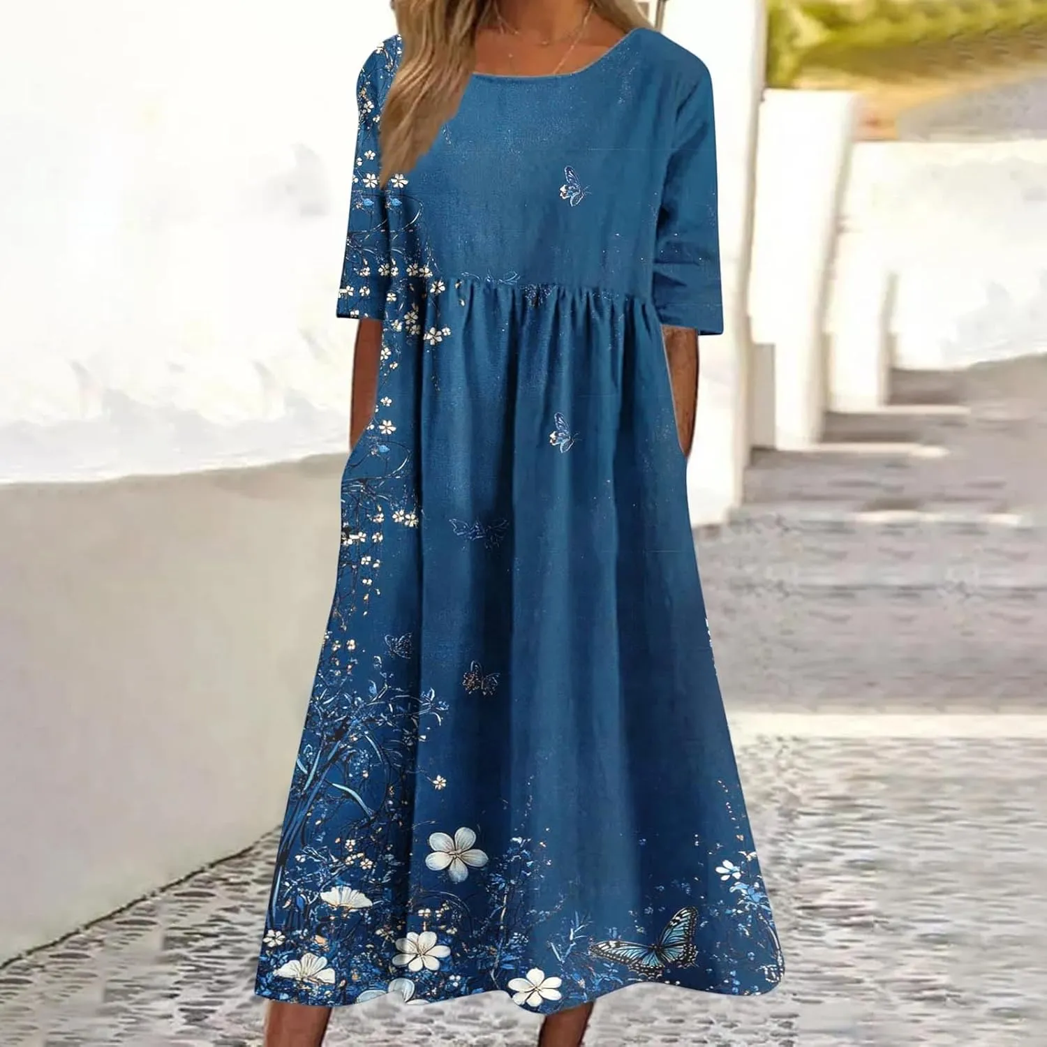 Long Maxi Summer Dresses for Women Loose Flowy A Line Floral Boho Tshirt Dress Half Sleeve Beach Vacation Sundress