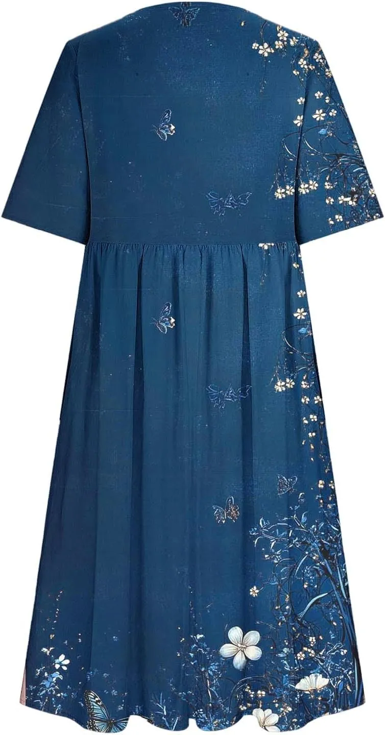 Long Maxi Summer Dresses for Women Loose Flowy A Line Floral Boho Tshirt Dress Half Sleeve Beach Vacation Sundress