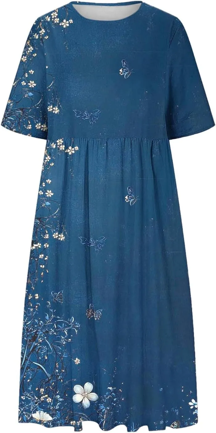 Long Maxi Summer Dresses for Women Loose Flowy A Line Floral Boho Tshirt Dress Half Sleeve Beach Vacation Sundress