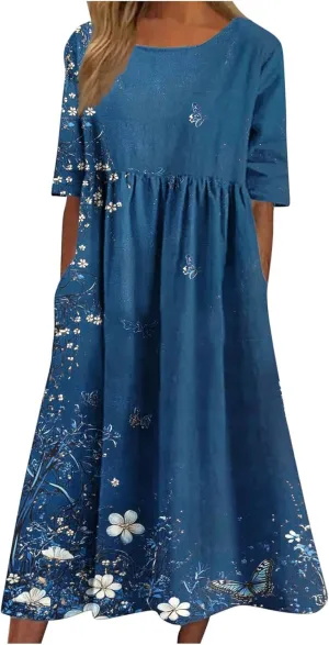 Long Maxi Summer Dresses for Women Loose Flowy A Line Floral Boho Tshirt Dress Half Sleeve Beach Vacation Sundress