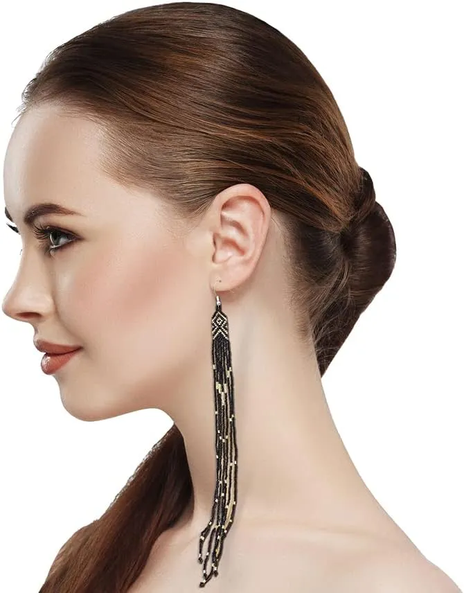 One of a kind Tribal Extra Long Beaded Statement Earrings Handmade