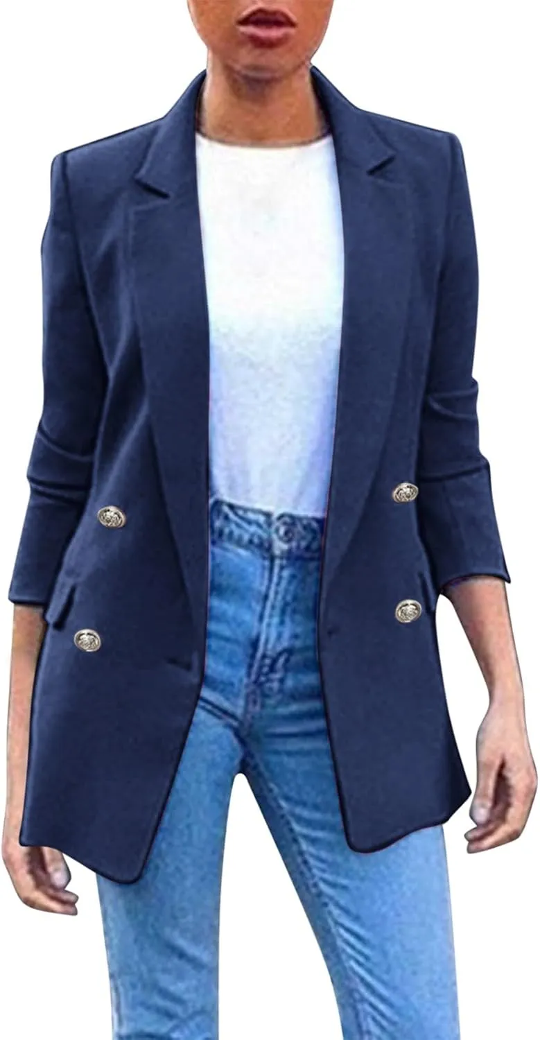 PeQAQ Womens Casual Blazer Jacket with Pockets Long Sleeve Open Front Long Work Suit Jackets Office Blazer Lapel Button Coats