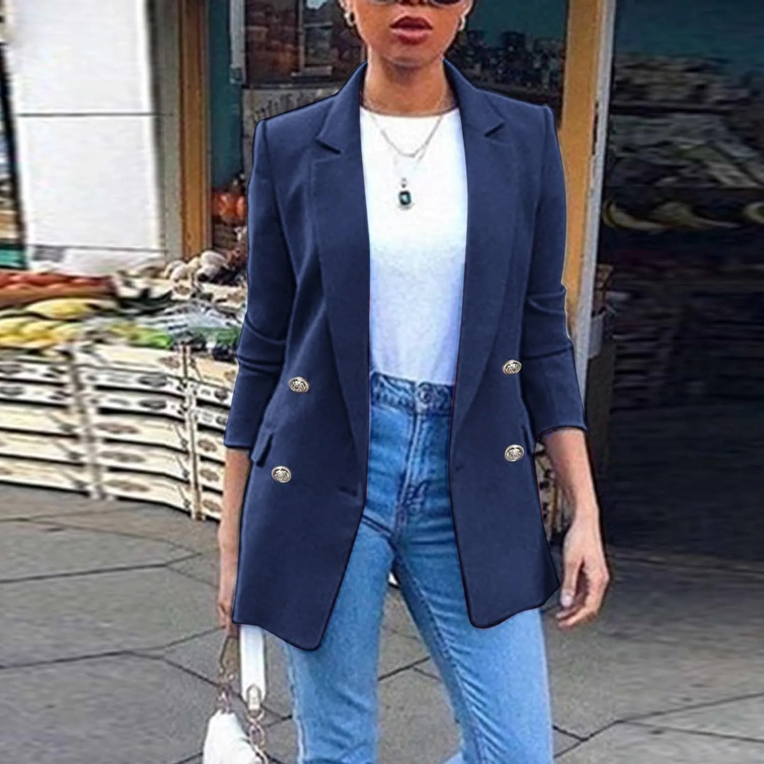 PeQAQ Womens Casual Blazer Jacket with Pockets Long Sleeve Open Front Long Work Suit Jackets Office Blazer Lapel Button Coats