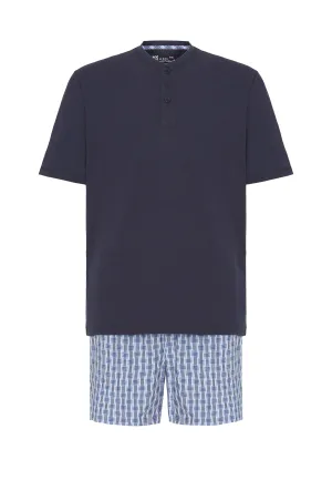 Pijama Hombre Verano Corto Tapeta Algodón Punto Liso Tela Cuadros - Azul 3604_39
