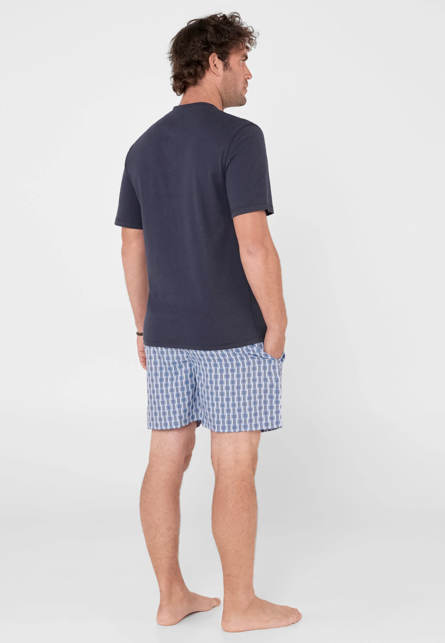 Pijama Hombre Verano Corto Tapeta Algodón Punto Liso Tela Cuadros - Azul 3604_39