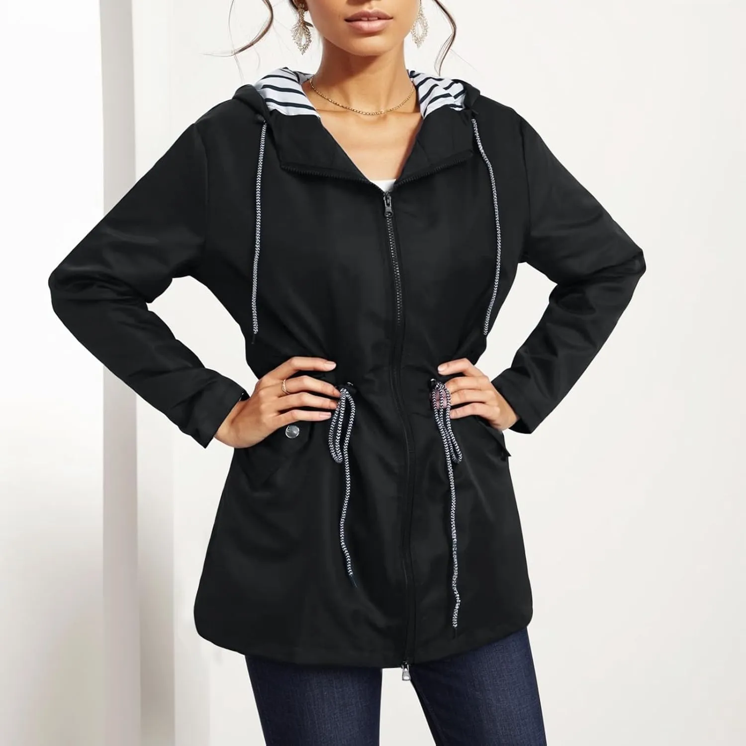 Rain Coats Women 2024 Trendy Windbreaker Jackets Waterproof Outerwear Overcoat Lightweight Outdoor Hooded Trench Coat