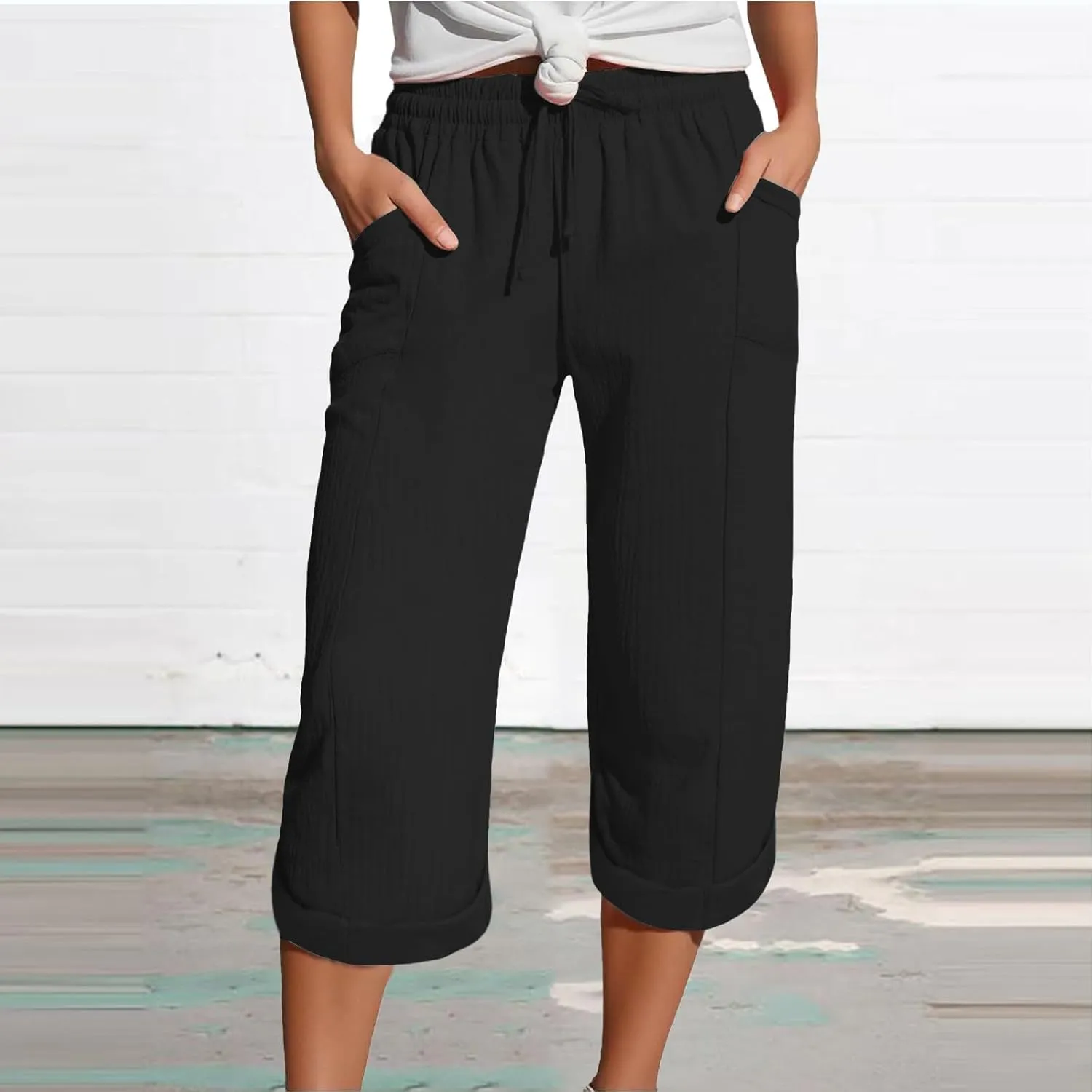 Summer Capris for Women Cotton Linen Pants Casual Loose Comfy Trendy Beach Clothes Elastic Waist Cropped Trousers