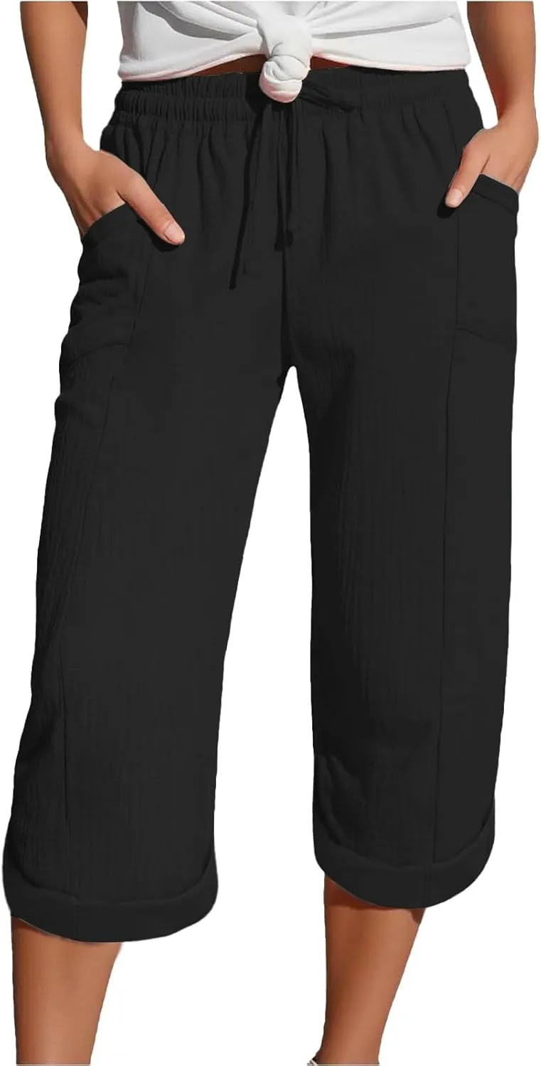 Summer Capris for Women Cotton Linen Pants Casual Loose Comfy Trendy Beach Clothes Elastic Waist Cropped Trousers