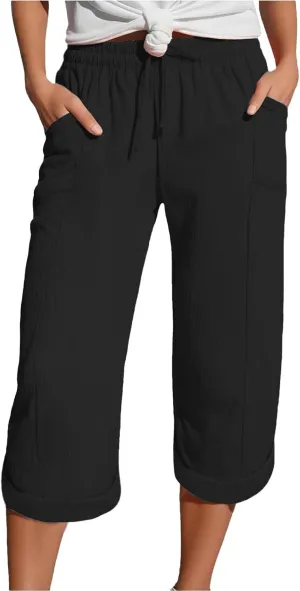 Summer Capris for Women Cotton Linen Pants Casual Loose Comfy Trendy Beach Clothes Elastic Waist Cropped Trousers