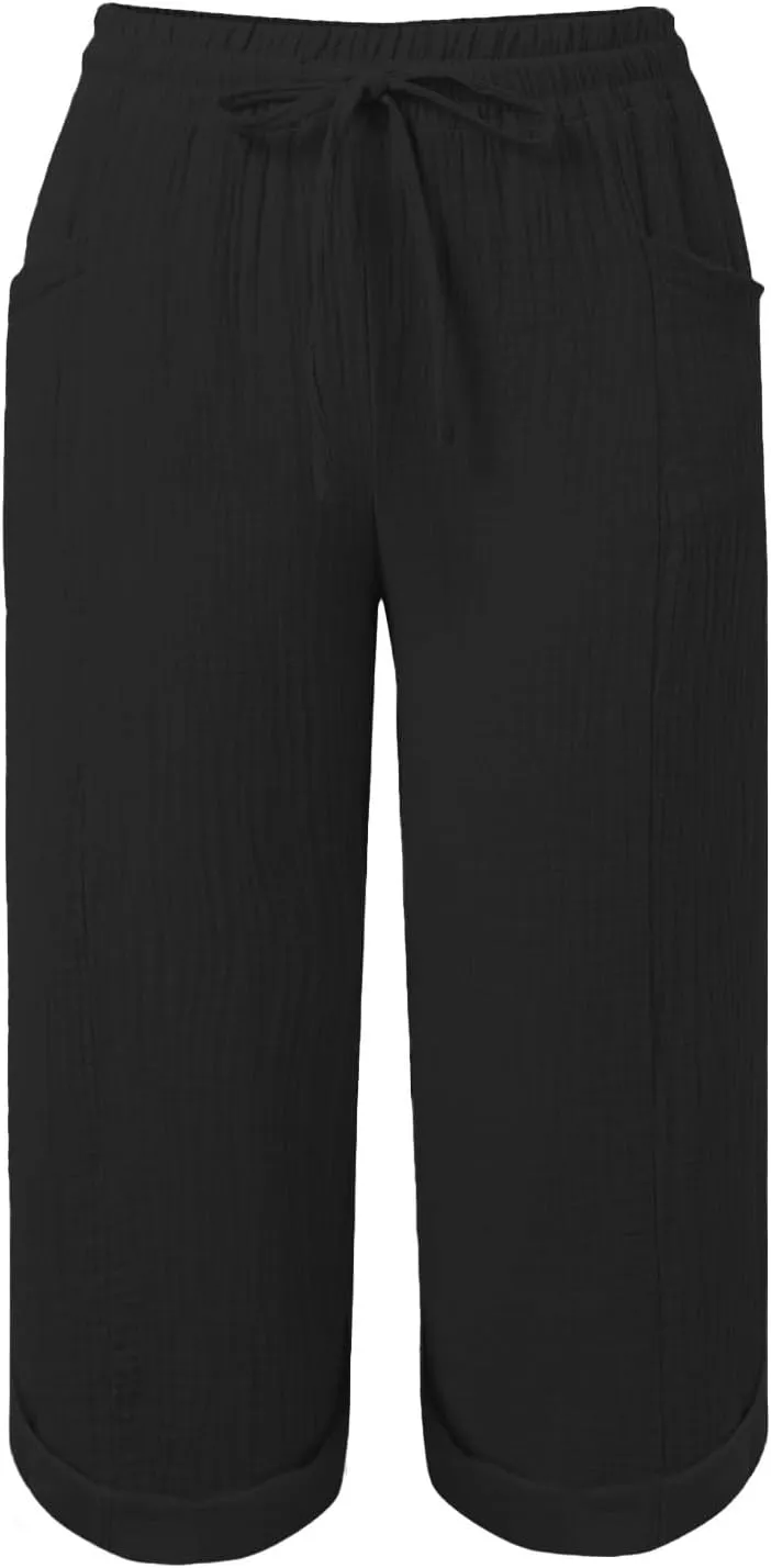 Summer Capris for Women Cotton Linen Pants Casual Loose Comfy Trendy Beach Clothes Elastic Waist Cropped Trousers