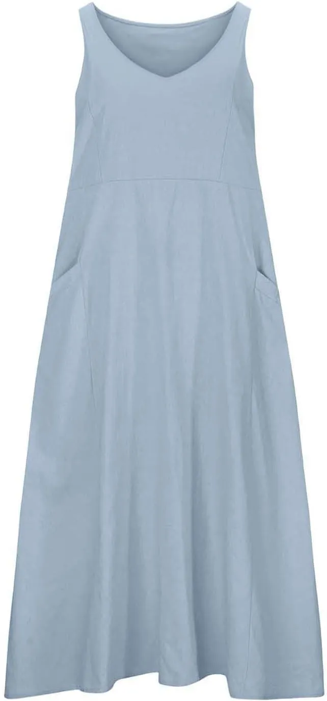 Summer Cotton Linen Long Dress for Women 2025 Sleeveless Boho Flowy Dresses Plus Size Loose Comfy Dress with Pockets